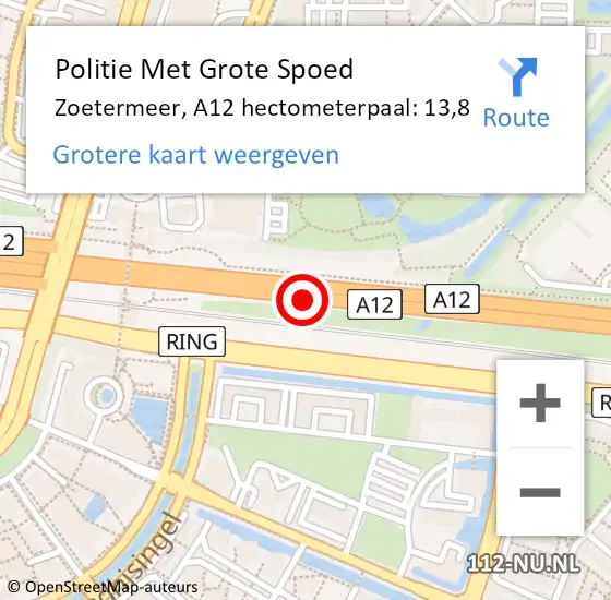 Locatie op kaart van de 112 melding: Politie Met Grote Spoed Naar Zoetermeer, A12 hectometerpaal: 13,8 op 31 mei 2023 08:53