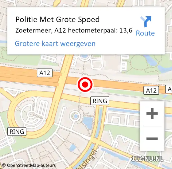 Locatie op kaart van de 112 melding: Politie Met Grote Spoed Naar Zoetermeer, A12 hectometerpaal: 13,6 op 31 mei 2023 08:53