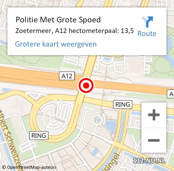 Locatie op kaart van de 112 melding: Politie Met Grote Spoed Naar Zoetermeer, A12 hectometerpaal: 13,5 op 31 mei 2023 08:53