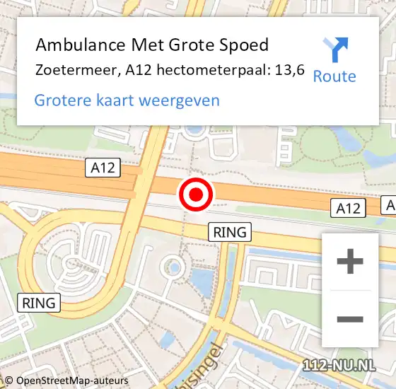 Locatie op kaart van de 112 melding: Ambulance Met Grote Spoed Naar Zoetermeer, A12 hectometerpaal: 13,6 op 31 mei 2023 08:54