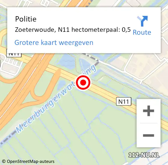 Locatie op kaart van de 112 melding: Politie Zoeterwoude, N11 hectometerpaal: 0,5 op 31 mei 2023 09:57