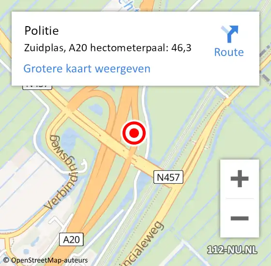 Locatie op kaart van de 112 melding: Politie Zuidplas, A20 hectometerpaal: 46,3 op 31 mei 2023 12:48