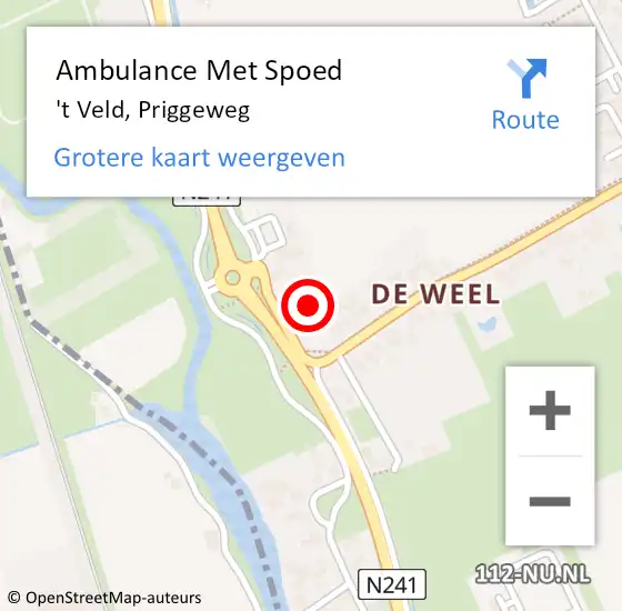 Locatie op kaart van de 112 melding: Ambulance Met Spoed Naar 't Veld, Priggeweg op 31 mei 2023 14:03