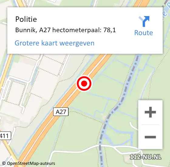 Locatie op kaart van de 112 melding: Politie Bunnik, A27 hectometerpaal: 78,1 op 31 mei 2023 15:45