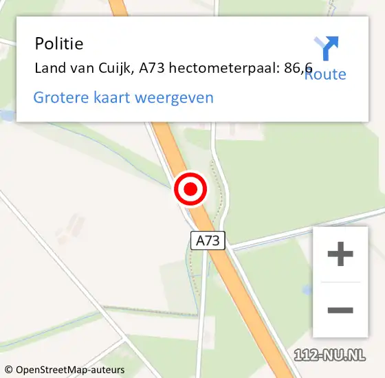 Locatie op kaart van de 112 melding: Politie Land van Cuijk, A73 hectometerpaal: 86,6 op 31 mei 2023 16:05