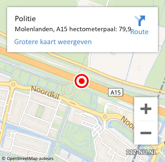 Locatie op kaart van de 112 melding: Politie Molenlanden, A15 hectometerpaal: 79,9 op 31 mei 2023 16:20