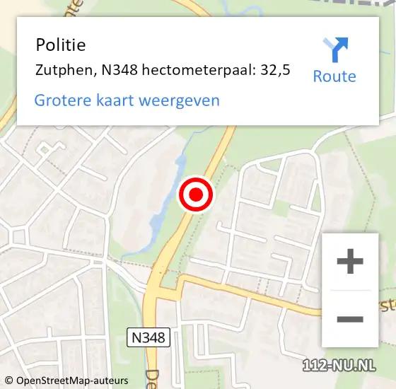 Locatie op kaart van de 112 melding: Politie Zutphen, N348 hectometerpaal: 32,5 op 31 mei 2023 17:34