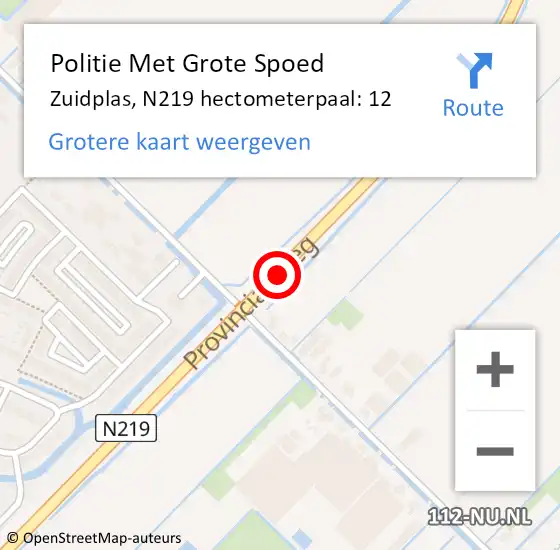 Locatie op kaart van de 112 melding: Politie Met Grote Spoed Naar Zuidplas, N219 hectometerpaal: 12 op 31 mei 2023 17:48