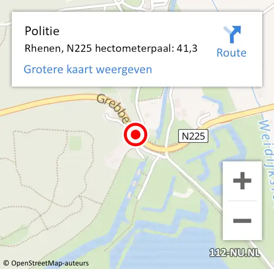 Locatie op kaart van de 112 melding: Politie Rhenen, N225 hectometerpaal: 41,3 op 31 mei 2023 19:13