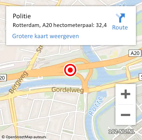 Locatie op kaart van de 112 melding: Politie Rotterdam, A20 hectometerpaal: 32,4 op 31 mei 2023 19:17