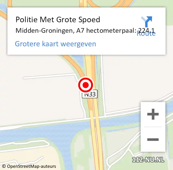 Locatie op kaart van de 112 melding: Politie Met Grote Spoed Naar Midden-Groningen, A7 hectometerpaal: 224,1 op 31 mei 2023 22:39
