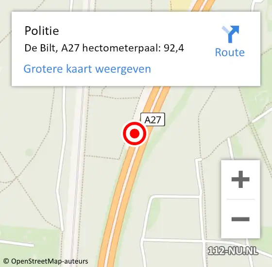 Locatie op kaart van de 112 melding: Politie De Bilt, A27 hectometerpaal: 92,4 op 1 juni 2023 02:01