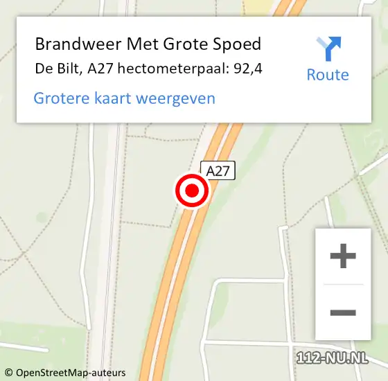 Locatie op kaart van de 112 melding: Brandweer Met Grote Spoed Naar De Bilt, A27 hectometerpaal: 92,4 op 1 juni 2023 02:01