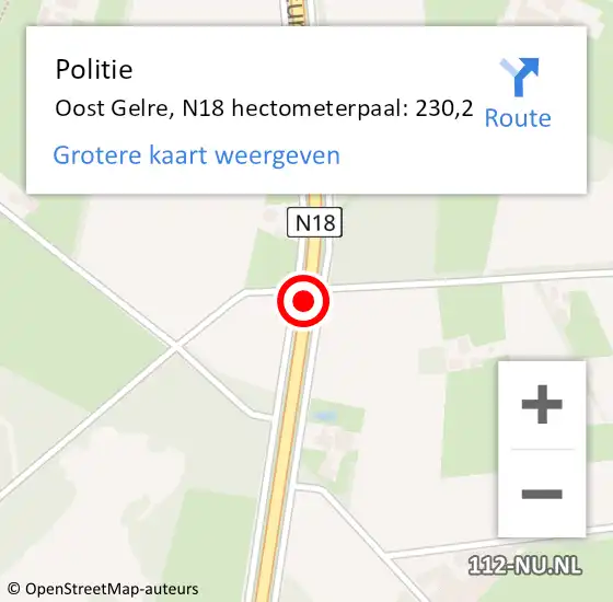 Locatie op kaart van de 112 melding: Politie Oost Gelre, N18 hectometerpaal: 230,2 op 1 juni 2023 05:08