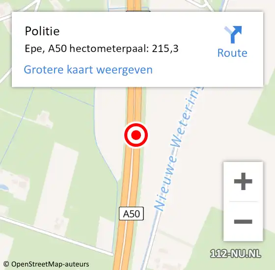 Locatie op kaart van de 112 melding: Politie Epe, A50 hectometerpaal: 215,3 op 1 juni 2023 07:40