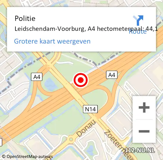 Locatie op kaart van de 112 melding: Politie Leidschendam-Voorburg, A4 hectometerpaal: 44,1 op 1 juni 2023 08:16
