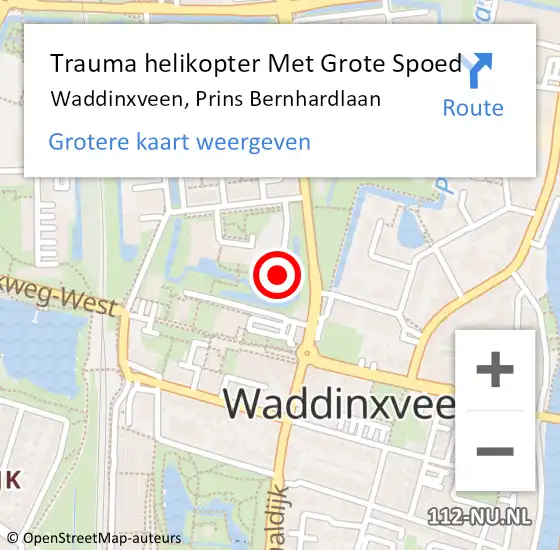 Locatie op kaart van de 112 melding: Trauma helikopter Met Grote Spoed Naar Waddinxveen, Prins Bernhardlaan op 1 juni 2023 08:29