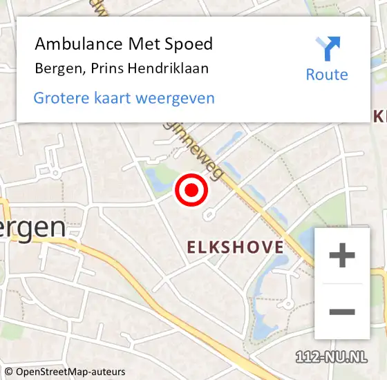 Locatie op kaart van de 112 melding: Ambulance Met Spoed Naar Bergen, Prins Hendriklaan op 1 juni 2023 08:59