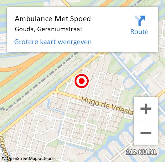 Locatie op kaart van de 112 melding: Ambulance Met Spoed Naar Gouda, Geraniumstraat op 1 juni 2023 09:57