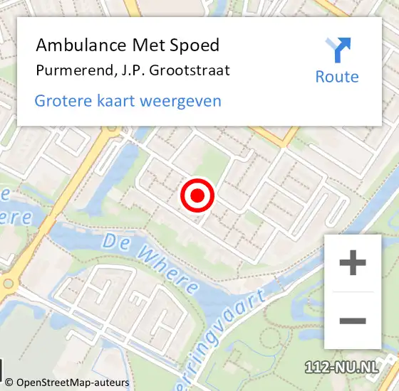 Locatie op kaart van de 112 melding: Ambulance Met Spoed Naar Purmerend, J.P. Grootstraat op 1 juni 2023 10:01