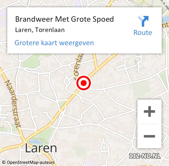 Locatie op kaart van de 112 melding: Brandweer Met Grote Spoed Naar Laren, Torenlaan op 1 juni 2023 10:23