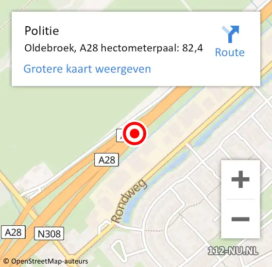 Locatie op kaart van de 112 melding: Politie Oldebroek, A28 hectometerpaal: 82,4 op 1 juni 2023 10:27