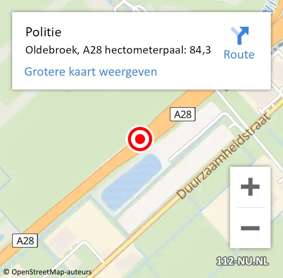 Locatie op kaart van de 112 melding: Politie Oldebroek, A28 hectometerpaal: 84,3 op 1 juni 2023 10:28