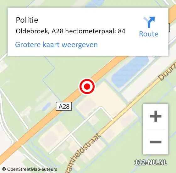 Locatie op kaart van de 112 melding: Politie Oldebroek, A28 hectometerpaal: 84 op 1 juni 2023 10:34