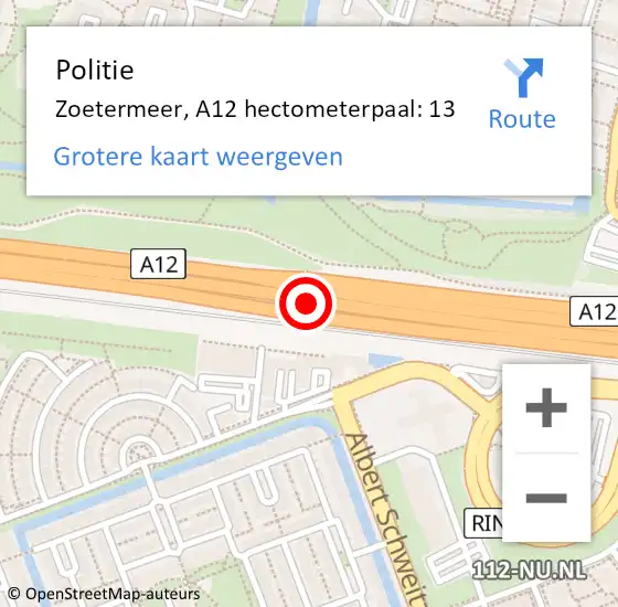 Locatie op kaart van de 112 melding: Politie Zoetermeer, A12 hectometerpaal: 13 op 1 juni 2023 11:29