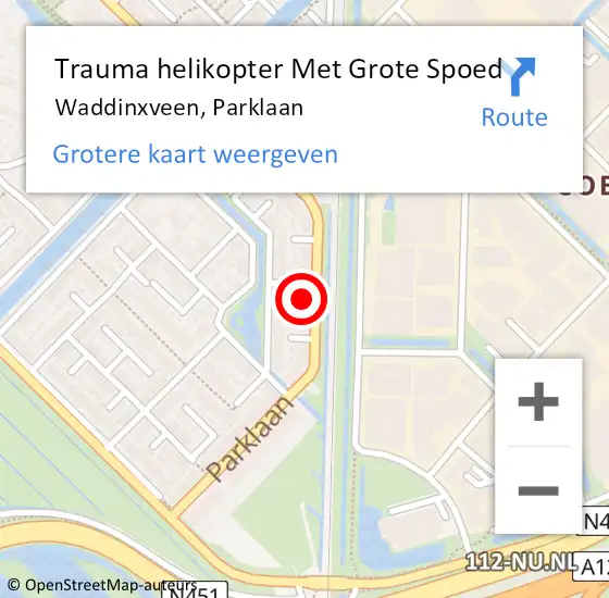 Locatie op kaart van de 112 melding: Trauma helikopter Met Grote Spoed Naar Waddinxveen, Parklaan op 1 juni 2023 11:32