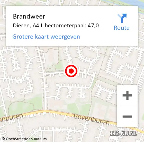 Locatie op kaart van de 112 melding: Brandweer Dieren, A4 L hectometerpaal: 47,0 op 27 augustus 2014 13:21