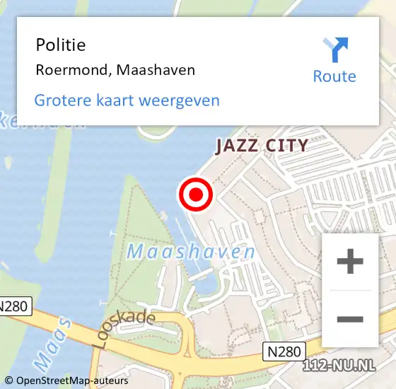 Locatie op kaart van de 112 melding: Politie Roermond, Maashaven op 1 juni 2023 13:59