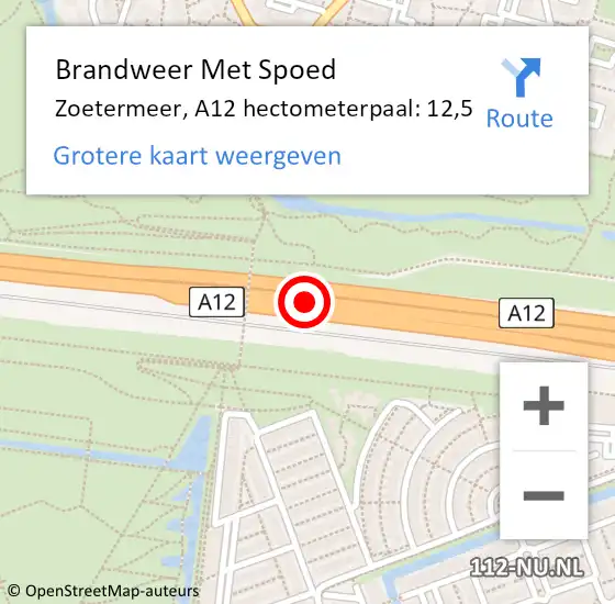 Locatie op kaart van de 112 melding: Brandweer Met Spoed Naar Zoetermeer, A12 hectometerpaal: 12,5 op 1 juni 2023 14:20