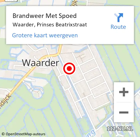 Locatie op kaart van de 112 melding: Brandweer Met Spoed Naar Waarder, Prinses Beatrixstraat op 1 juni 2023 14:28