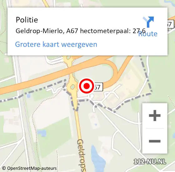 Locatie op kaart van de 112 melding: Politie Geldrop-Mierlo, A67 hectometerpaal: 27,6 op 1 juni 2023 15:23