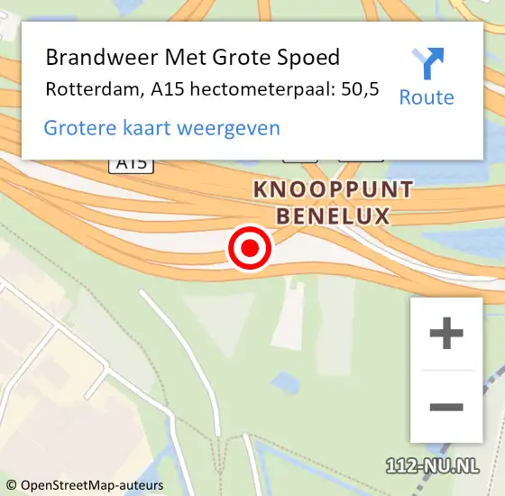 Locatie op kaart van de 112 melding: Brandweer Met Grote Spoed Naar Rotterdam, A15 hectometerpaal: 50,5 op 1 juni 2023 15:50