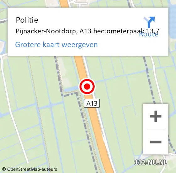 Locatie op kaart van de 112 melding: Politie Pijnacker-Nootdorp, A13 hectometerpaal: 13,7 op 1 juni 2023 15:55