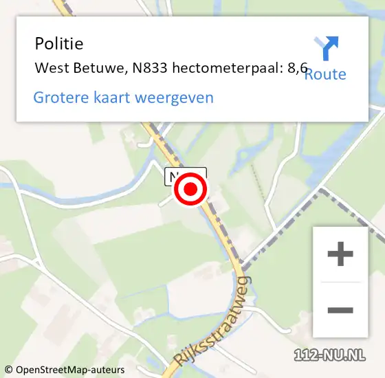 Locatie op kaart van de 112 melding: Politie West Betuwe, N833 hectometerpaal: 8,6 op 1 juni 2023 16:34