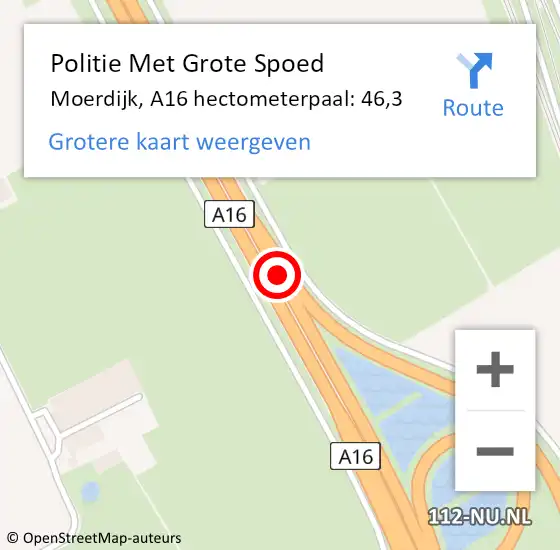 Locatie op kaart van de 112 melding: Politie Met Grote Spoed Naar Moerdijk, A16 hectometerpaal: 46,3 op 1 juni 2023 16:40