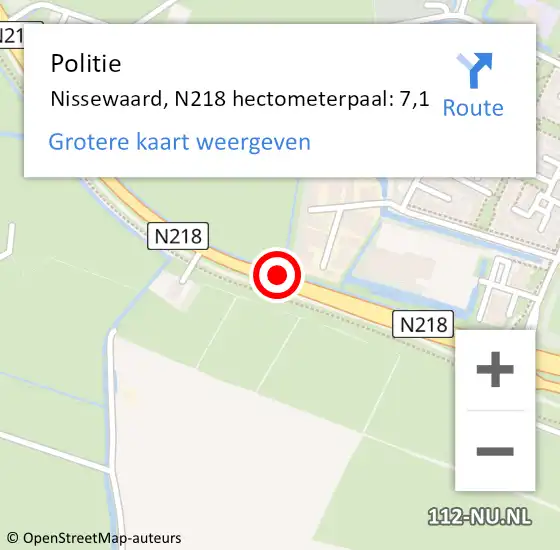 Locatie op kaart van de 112 melding: Politie Nissewaard, N218 hectometerpaal: 7,1 op 1 juni 2023 16:55