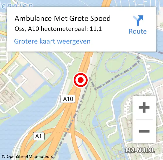 Locatie op kaart van de 112 melding: Ambulance Met Grote Spoed Naar Oss, A10 hectometerpaal: 11,1 op 1 juni 2023 16:56