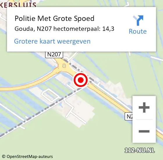 Locatie op kaart van de 112 melding: Politie Met Grote Spoed Naar Gouda, N207 hectometerpaal: 14,3 op 1 juni 2023 17:11