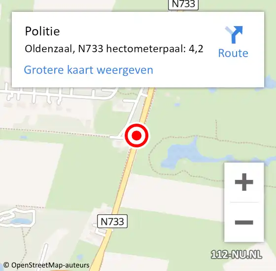 Locatie op kaart van de 112 melding: Politie Oldenzaal, N733 hectometerpaal: 4,2 op 1 juni 2023 17:29