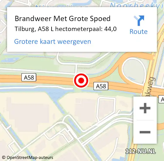 Locatie op kaart van de 112 melding: Brandweer Met Grote Spoed Naar Tilburg, A58 L hectometerpaal: 45,1 op 27 augustus 2014 13:47