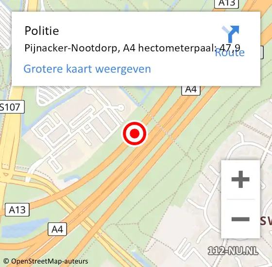 Locatie op kaart van de 112 melding: Politie Pijnacker-Nootdorp, A4 hectometerpaal: 47,9 op 1 juni 2023 18:00