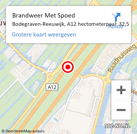 Locatie op kaart van de 112 melding: Brandweer Met Spoed Naar Bodegraven-Reeuwijk, A12 hectometerpaal: 32,5 op 1 juni 2023 20:26