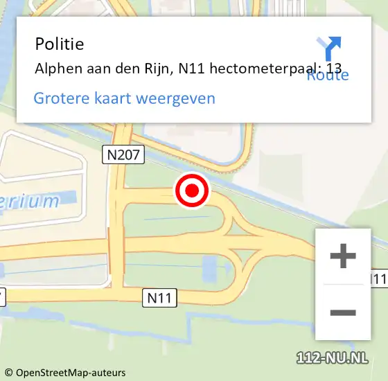 Locatie op kaart van de 112 melding: Politie Alphen aan den Rijn, N11 hectometerpaal: 13 op 1 juni 2023 21:16