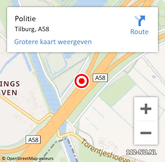 Locatie op kaart van de 112 melding: Politie Tilburg, A58 op 27 augustus 2014 14:07