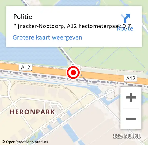 Locatie op kaart van de 112 melding: Politie Pijnacker-Nootdorp, A12 hectometerpaal: 9,7 op 2 juni 2023 06:36