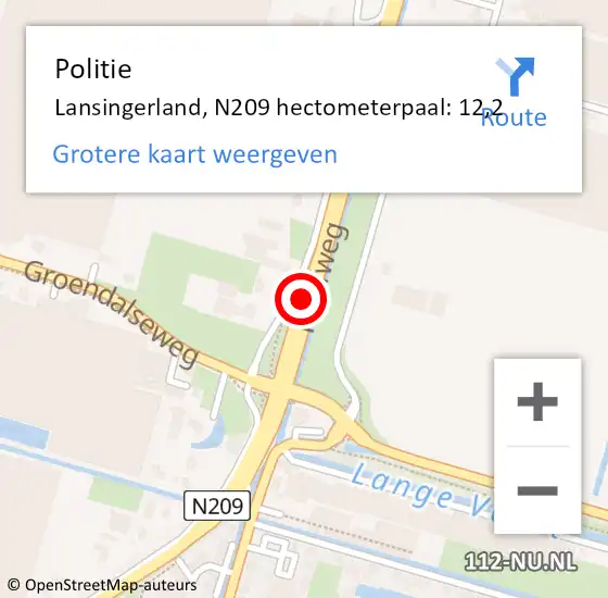 Locatie op kaart van de 112 melding: Politie Lansingerland, N209 hectometerpaal: 12,2 op 2 juni 2023 07:45